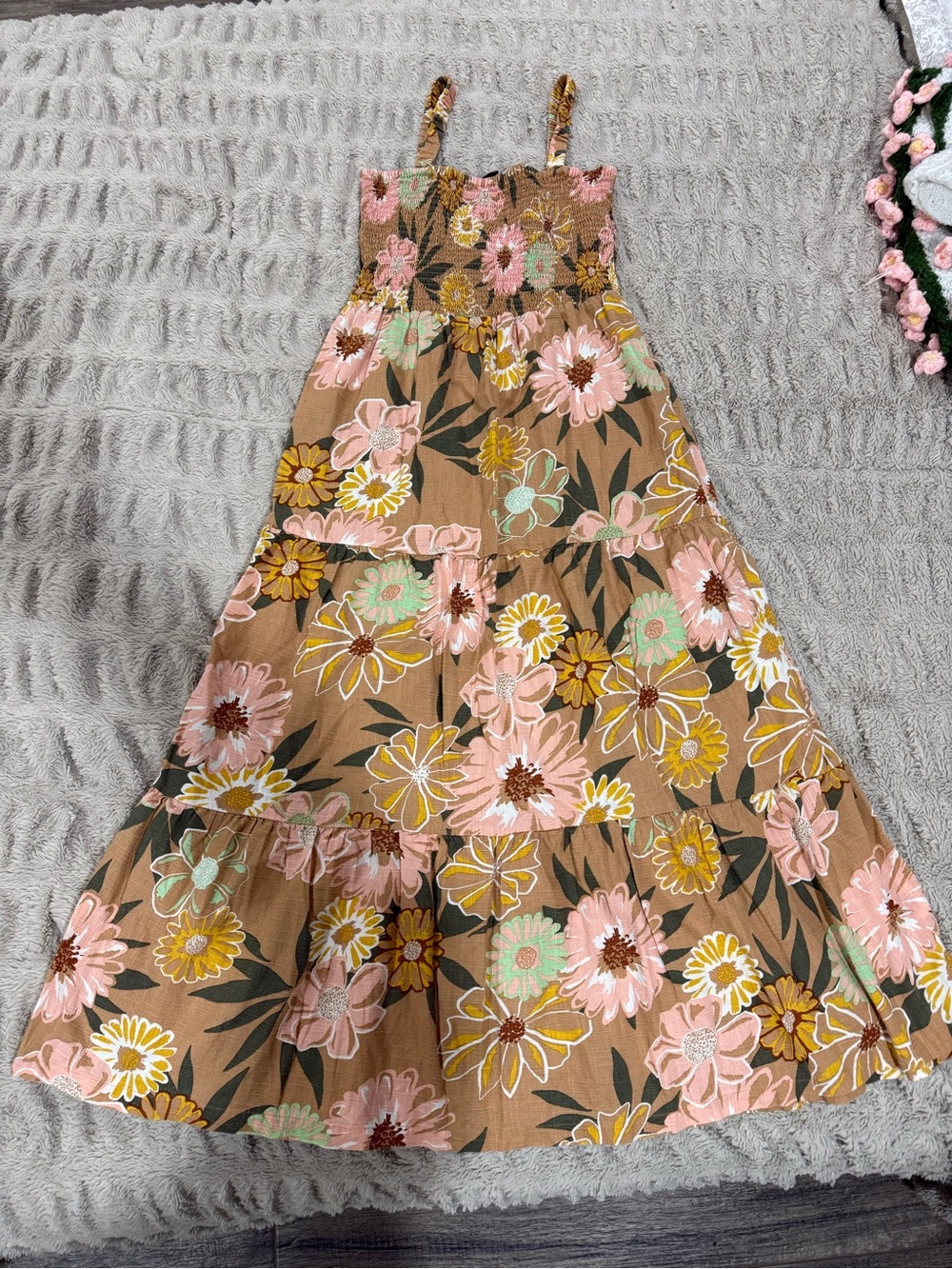Roxy Brown Floral Maxi Dress with Pink & Yellow Flowers